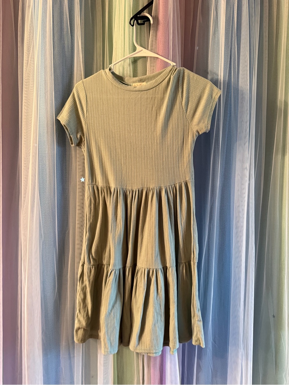 See You Monday Sage Green Ribbed Tiered Short Sleeve Dress